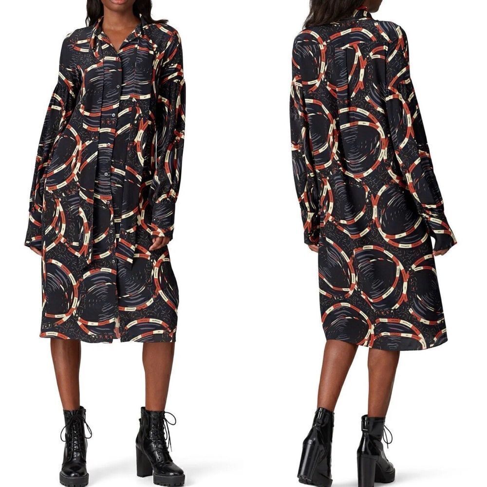 ROKH Shirt Dress Womens 40 US 2-4 Scarf Frill Silk Button Front Long Sleeve Midi